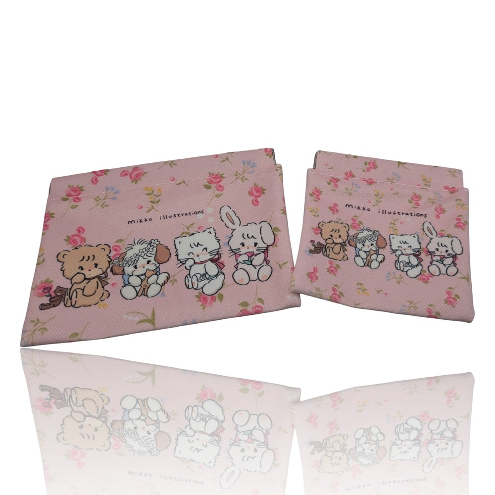 Mikko Illustrations Pink Floral Animal Character Pouch Set 2 Piece Kawaii